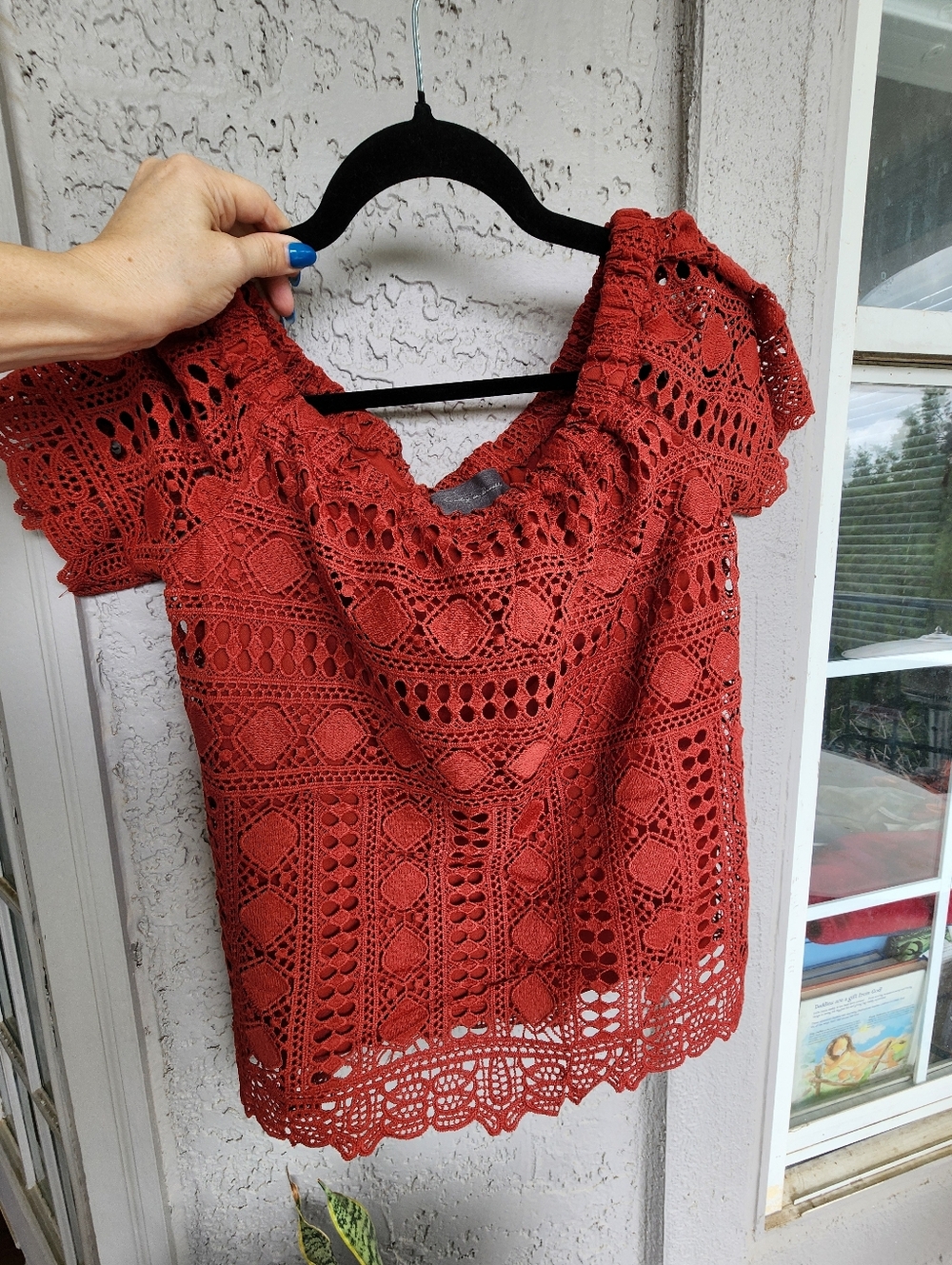 Anthropologie Sunday In Brooklyn Crochet Lace Short Sleeve Top - Rust Red Xs B12